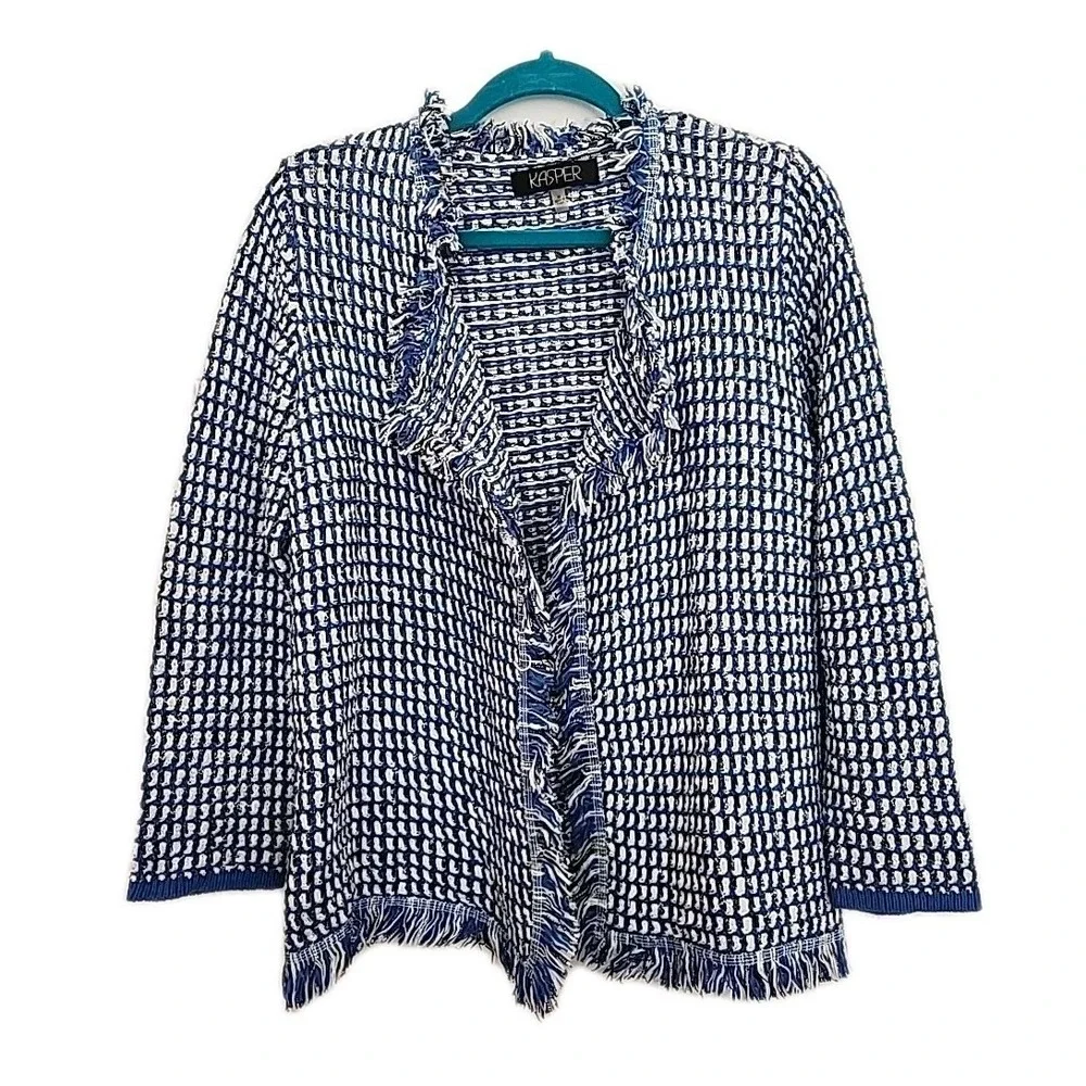 Kasper Women's Medium Open Front Blue/White Tweed Cardigan 3/4‎ Sleeve Blazer
